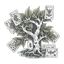 A detailed money tree with playing cards and poker chips intertwined in the branches tattoo design idea