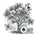 A detailed money tree with playing cards and poker chips intertwined in the branches tattoo design idea