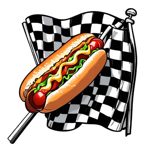 Checkered Flag and hot dog in bun tattoo design idea