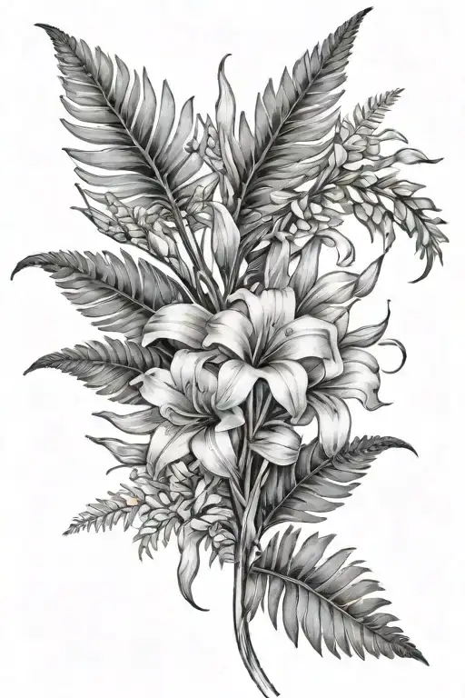 fern leaf and gladioli flowers surrounding tattoo design idea
