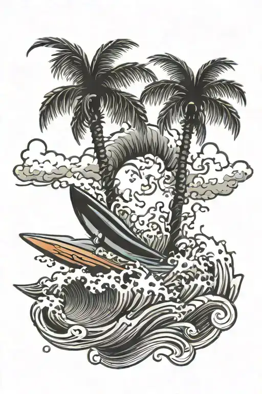 galveston coast with palm trees and surfer riding a wave tattoo design idea