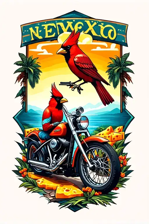 new mexico landscape, florida ocean, motorcycle, cardinal, cheese block, road runner bird tattoo design idea