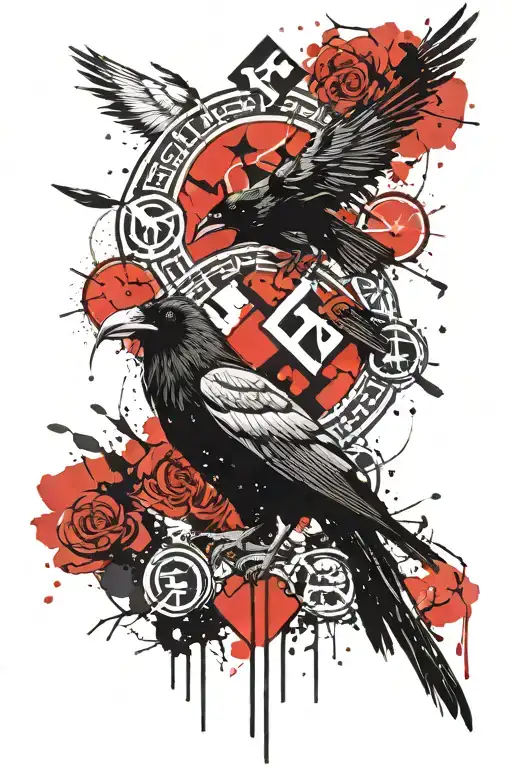 Design a Nordic-style tattoo with a raven above the Gemini sign, surrounded by Nordic runes. Incorporate nature elements tattoo design idea