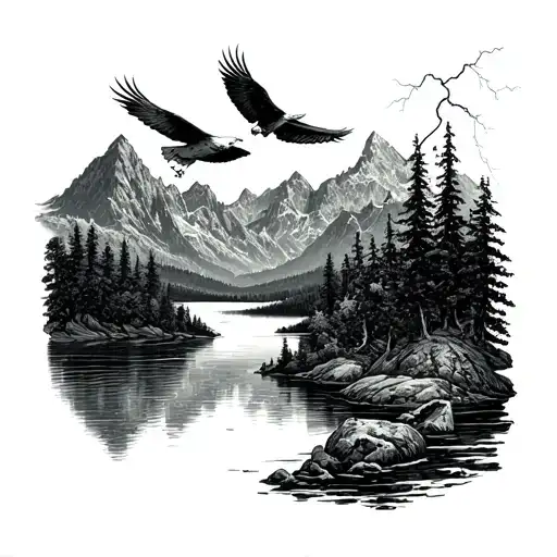 A serene landscape tattoo featuring a tranquil lake surrounded by towering mountains, with a soaring eagle flying overhead and a subtle lightning bolt in the distance tattoo design idea