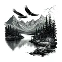 A serene landscape tattoo featuring a tranquil lake surrounded by towering mountains, with a soaring eagle flying overhead and a subtle lightning bolt in the distance tattoo design idea
