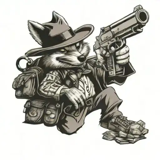 wild e coyote tattoo gangster with a black pistol and a bag of money, black and grey, detailed, cartoon, shade tattoo design idea