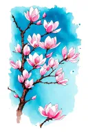 A Japanese-inspired illustration featuring a delicate branch adorned with vertically arranged soft pink magnolia blossom tattoo design idea