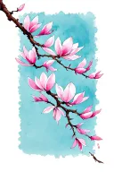 A Japanese-inspired illustration featuring a delicate branch adorned with vertically arranged soft pink magnolia blossom tattoo design idea