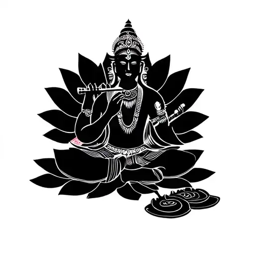 Krishna playing his flute seated on a lotus blossom  tattoo design idea