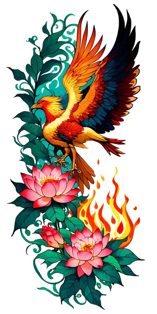 lotus flowers wrapping aroun dwith vines growing up and phoenix out of fire tattoo design idea