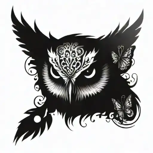owl head and butterfly tattoo design idea