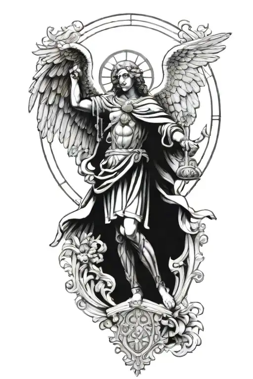 marble saint michael with cathedral window as filler tattoo design idea