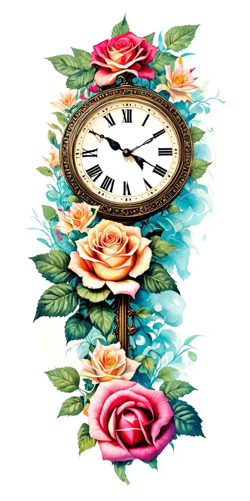 trauma, clocks, roses and thowns, bird shadow leaves you tattoo design idea