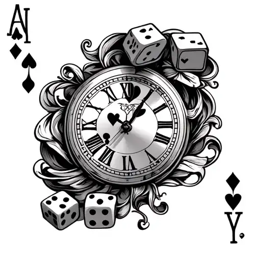 clock playing cards dices cards and joker tattoo design idea