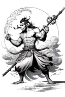 Japanese style sun wukong with staff in fighting stance amongst cloud tattoo design idea