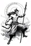 Japanese style sun wukong with staff in fighting stance amongst cloud tattoo design idea