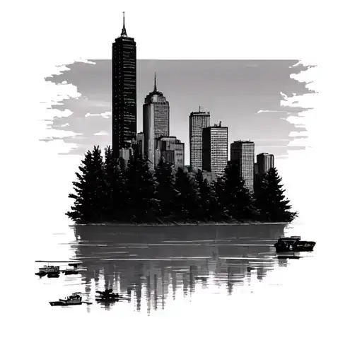 Pittsburgh skyline off in the distance from forest tattoo design idea
