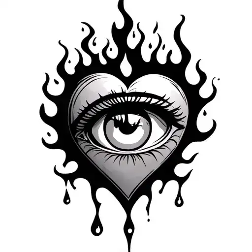 simple outline heart eye surrounded with flames and tears drop tattoo design idea