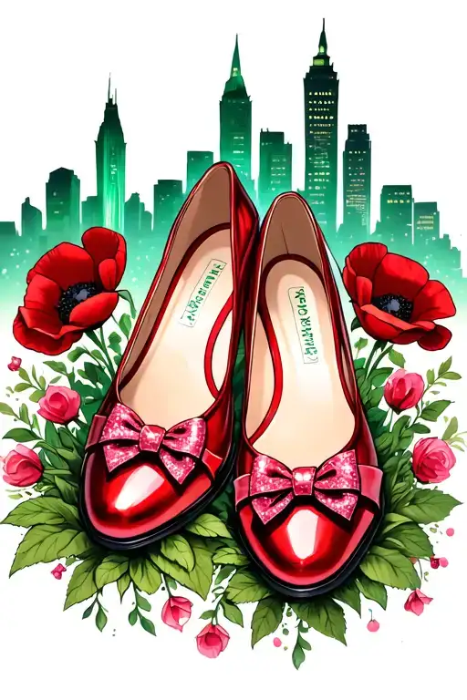 two sparkly red ruby shoes with bows on toes with emerald city in background with poppy surround tattoo design idea