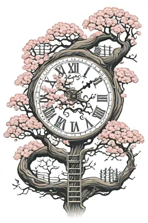 Long, winding cherry blossom tree with a lot of branches, animals, clocks, wooden ladders, sports and kids stuff tattoo design idea