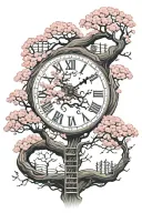 Long, winding cherry blossom tree with a lot of branches, animals, clocks, wooden ladders, sports and kids stuff tattoo design idea