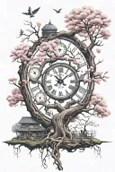Long, winding cherry blossom tree with a lot of branches, animals, clocks, wooden ladders, sports and kids stuff tattoo design idea