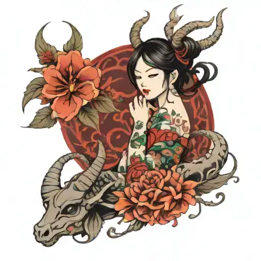 girl surrounded by flowers with Capricorn and Scorpio signs  tattoo design idea