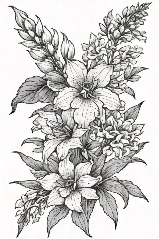 larkspur, aster, and gladiolus flower bouquet fine line simple tattoo design idea