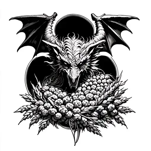 A gargoyle inspired by anime characters, surrounded by hops and barley wrapped around a brewhouse tattoo design idea