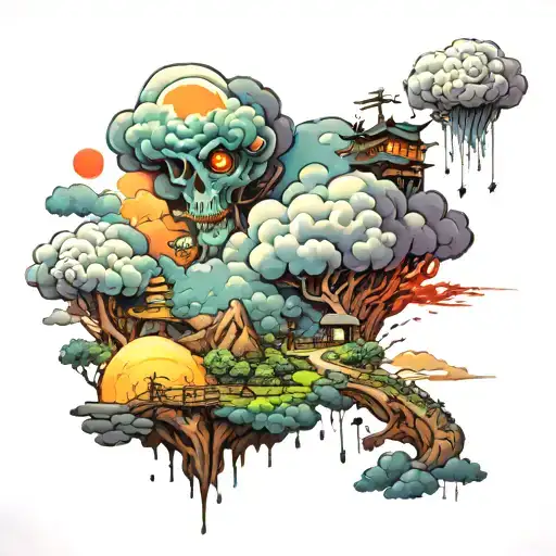 Japanese cloud, land of the dead, dreamland, Cosmicism, cartoony. Shoulder tattoo.  Spirit. tattoo design idea