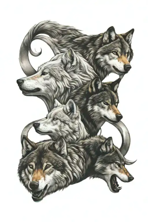 infinity symbol with 3 wolfs inside the infinity symbol (1 Black Alpha wolf, 1 White Female wolf, 1 Brown Male wolf)  tattoo design idea