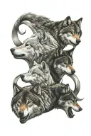 infinity symbol with 3 wolfs inside the infinity symbol (1 Black Alpha wolf, 1 White Female wolf, 1 Brown Male wolf)  tattoo design idea