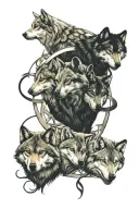 infinity symbol with 3 wolfs inside the infinity symbol (1 Black Alpha wolf, 1 White Female wolf, 1 Brown Male wolf)  tattoo design idea