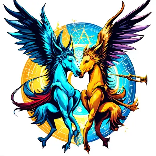 Sagittarius and Aquarius zodiac signs battling together tattoo design idea