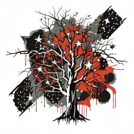 willow tree with diamonds scattered in the branches with stars above tattoo design idea