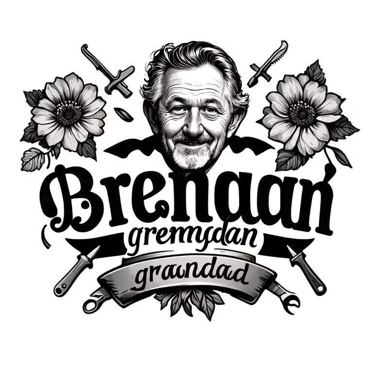 "Brendan keegan(grumpy grandad)" grandparents names with tools anround grandads name and flowers beside nanas tattoo design idea