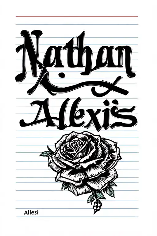 "NATHAN ALEXIS" Have the name NATHAN, crossed out like a teacher marking a piece of work and replaced with the name ALEXIS tattoo design idea