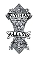 "NATHAN ALEXIS" Have the name NATHAN, crossed out like a teacher marking a piece of work and replaced with the name ALEXIS tattoo design idea