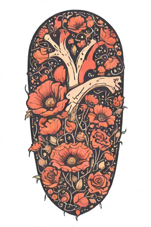 abstract design human heart, poppies, anemones, mushrooms, love and the letters J and C tattoo design idea
