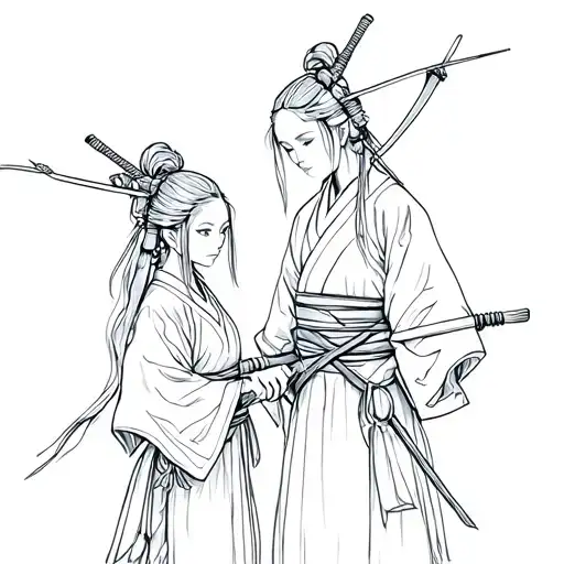 Mother-daughter samurai duo in sketch style tattoo design idea