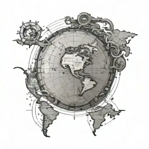 framed Spherical nautical chart front world view, all continent traditional sailor style with siren along border  tattoo design idea