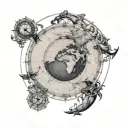 framed Spherical nautical chart front world view, all continent traditional sailor style with siren along border  tattoo design idea