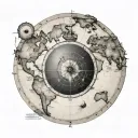 framed Spherical nautical chart front world view, all continent traditional sailor style with siren along border  tattoo design idea