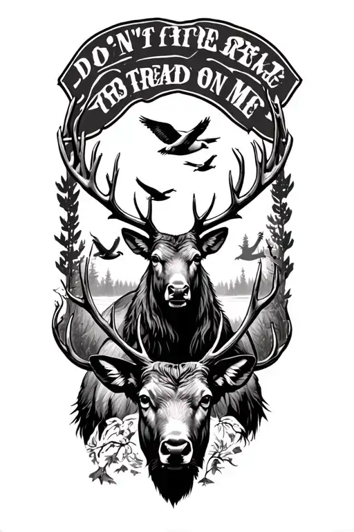 elk and deer with ducks flying and don't tread on me  tattoo design idea