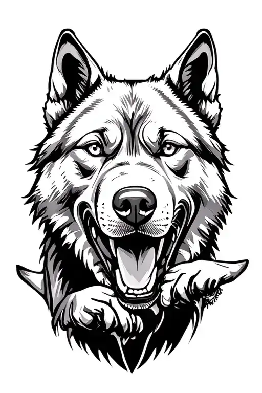 Pitbul breed dog fights with a wolf in black and white tattoo design idea