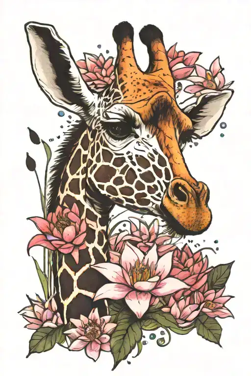 giraffe with water lily and larkspur tattoo design idea