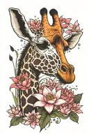 giraffe with water lily and larkspur tattoo design idea