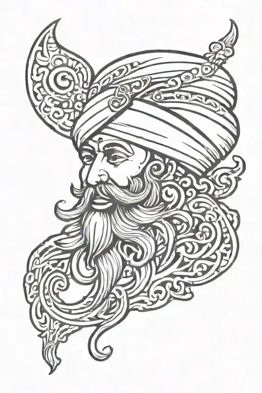A vibrant neotraditional tattoo design incorporating Sikh symbols and elements of Punjab tradition, such as a traditional Punjabi turban and a Sikh kirpan, to represent your strong religious beliefs and cultural heritage. tattoo design idea
