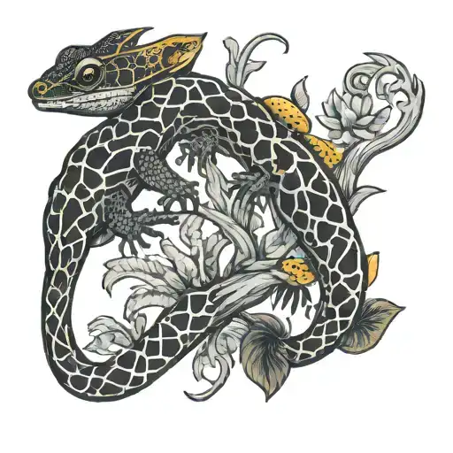 Crested gecko and leopard gecko intertwined vines tattoo design idea