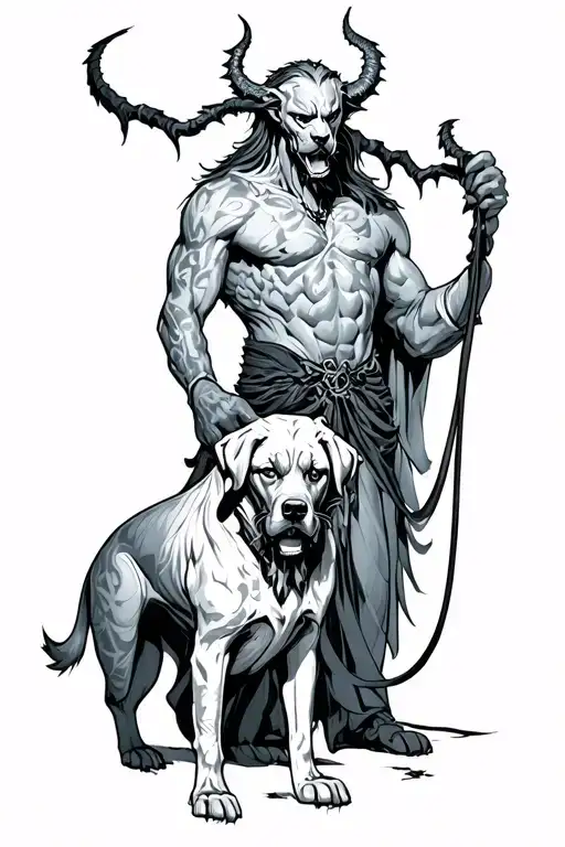 hades with cerberus on leash being held tattoo design idea
